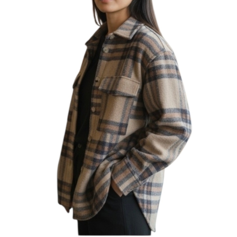 H&M Mens Women's Tan and Navy Blue Plaid Oversized Shirt Jacket Shacket Small